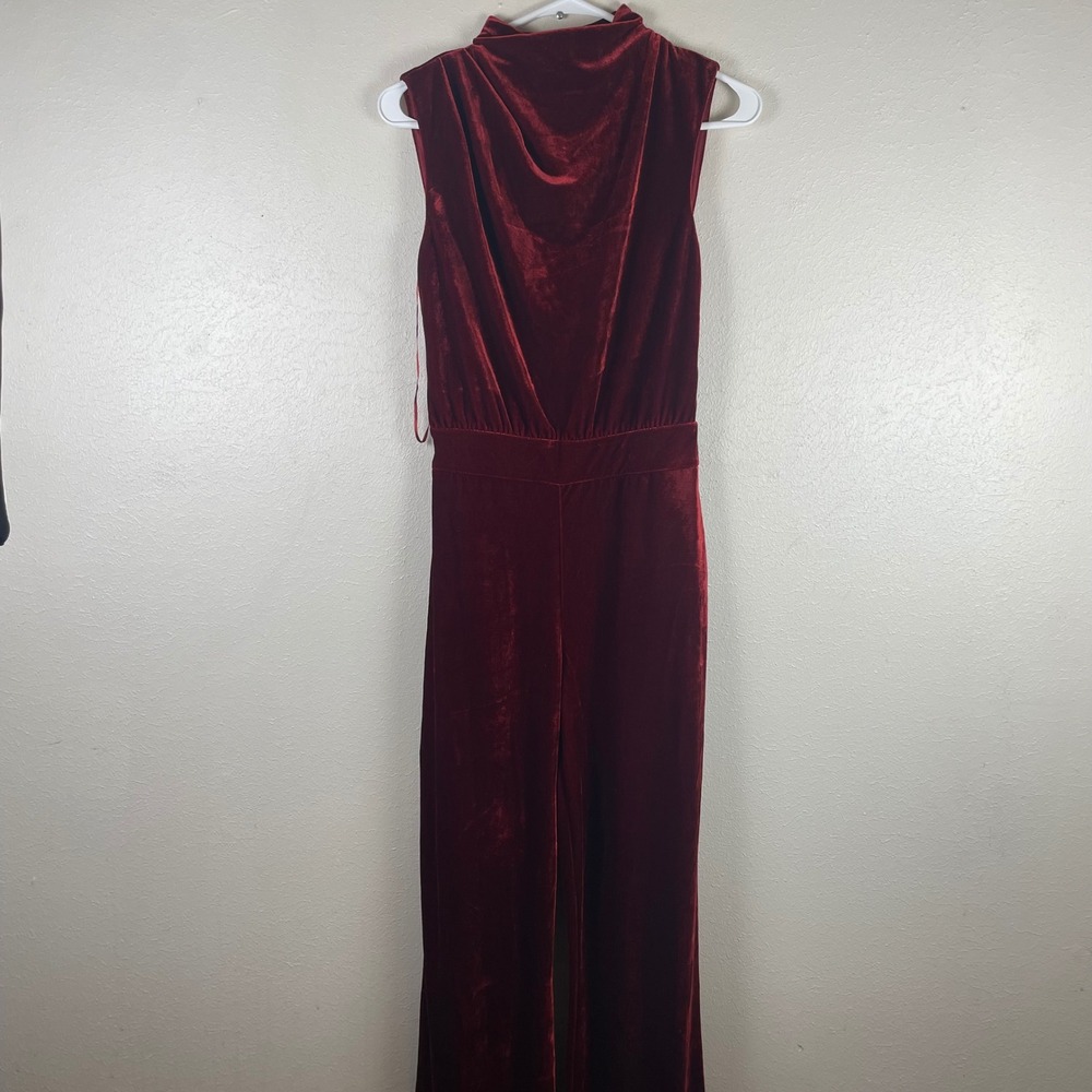 REISS Velvet Mock Neck Sleeveless Wide Leg Jumpsuit Burgundy Size 0‎